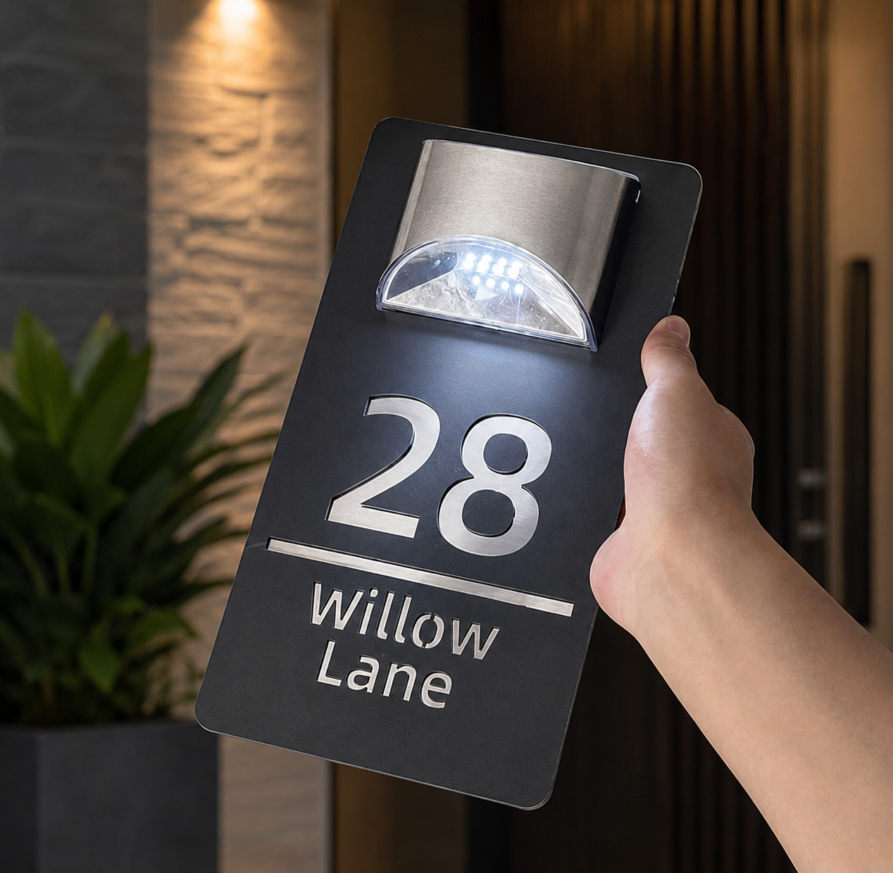 Solar House Number Sign — Personalized LED Modern Address Plaque